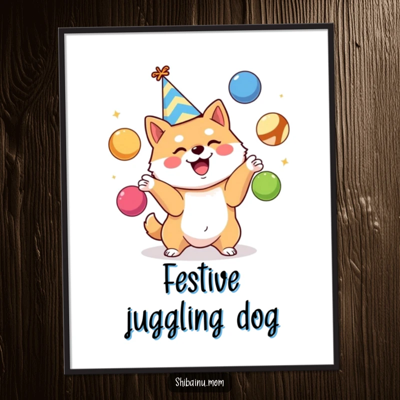 Funny Shiba Inu digital art print, party hat, excitedly juggling colorful balls, vibrant and festive wall decor, a perfect funny gift.