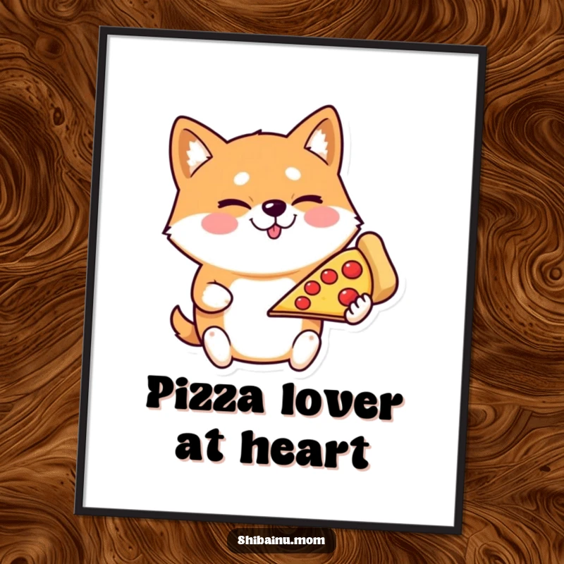 Funny Shiba Inu digital art print, a winking dog holding a huge pizza slice, perfect for humorous wall decoration.