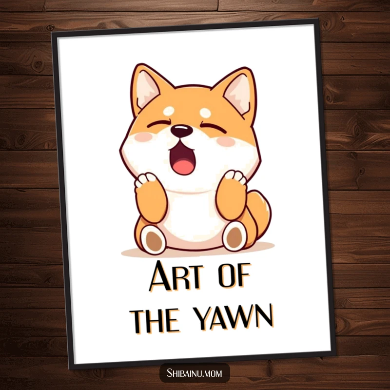 Funny Shiba Inu digital art of a dog yawning widely and stretching its paws, embodying ultimate sleepiness and relaxation.