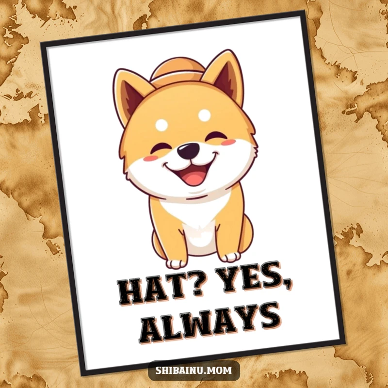 Funny silly Shiba Inu dog digital art, wearing an oversized hat, grinning widely, a high-resolution image of a happy dog.