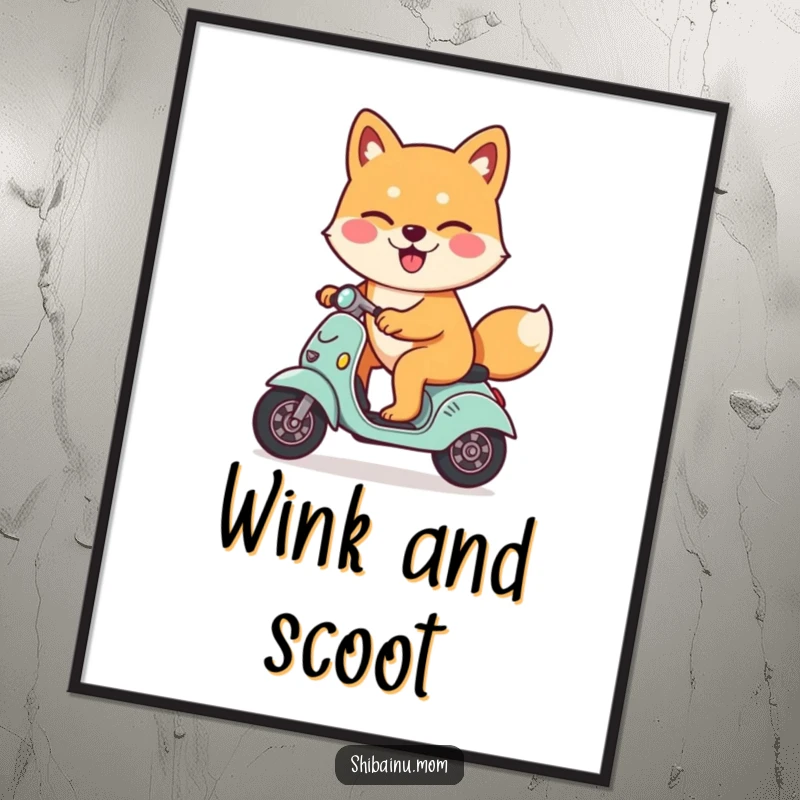 Funny Shiba Inu dog digital art, winking playfully, riding a miniature scooter, a high-resolution image of a cool dog.