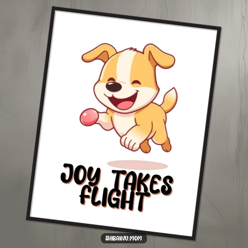 Funny Dog Digital Art Print: An energetic dog with a wide, happy grin bounding after a bouncy sphere, full of life.