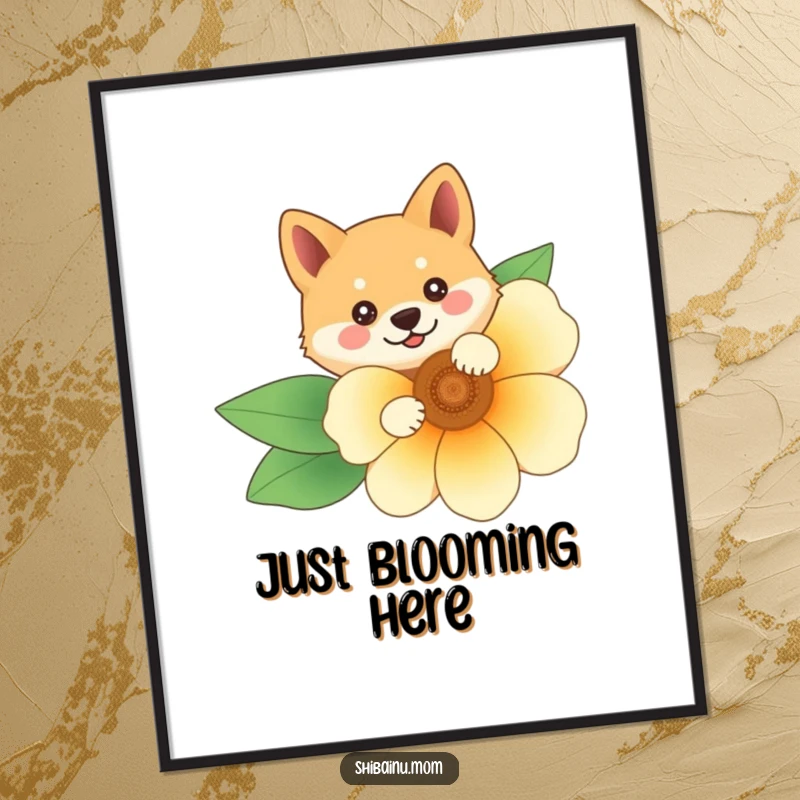 Funny Shiba Inu digital art print with the character peeking from behind a flower, capturing playful curiosity for digital spaces.