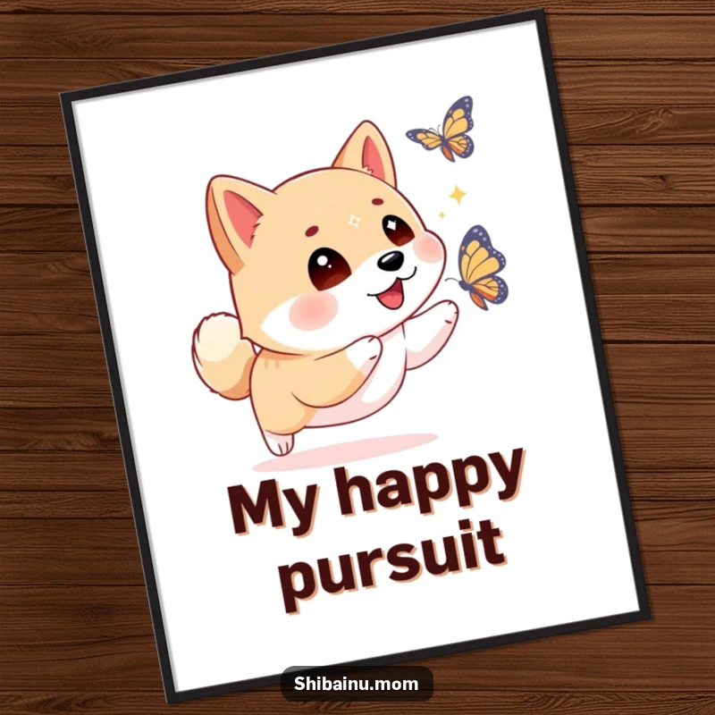 Funny Shiba Inu digital art print with sparkling eyes, chasing a butterfly, capturing pure joy and playful energy for screens.
