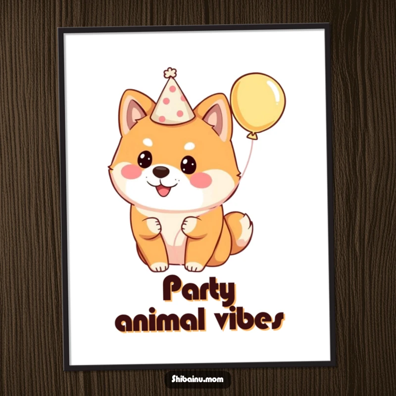 Funny Shiba Inu digital art print of a fluffy dog wearing a party hat and holding a balloon, radiating festive cheer.