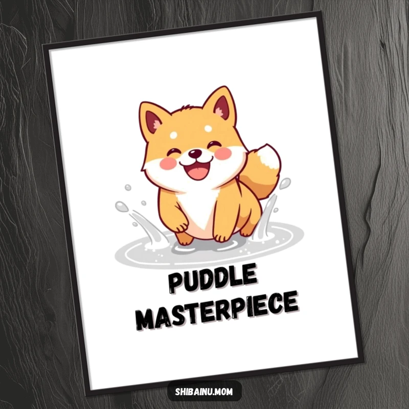 Funny Kawaii Shiba Inu digital art print of a happy doggle gleefully splashing in a puddle with a wide, joyful grin.