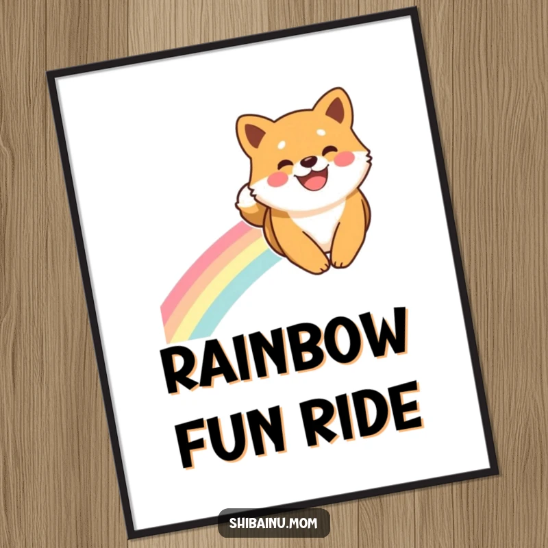Funny Shiba Inu Digital Art: A Shiba Inu with a wide smile slides down a rainbow, a joyful and magical digital artwork.