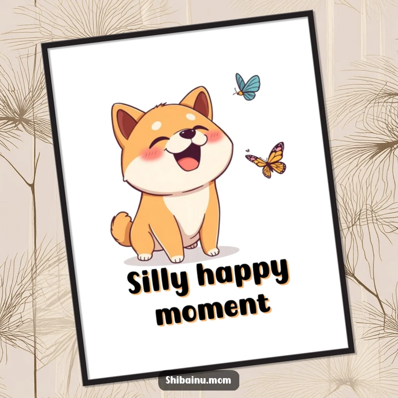 Funny digital art print of a surprised Shiba Inu dog giggling at a falling butterfly, ideal for instantly adding whimsical humor.