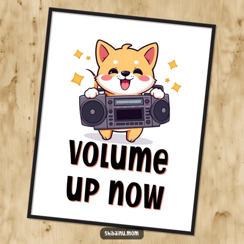 Funny digital art print of an energetic Shiba Inu holding a boombox and bopping its head, offering instant, retro, and humorous wall decor.