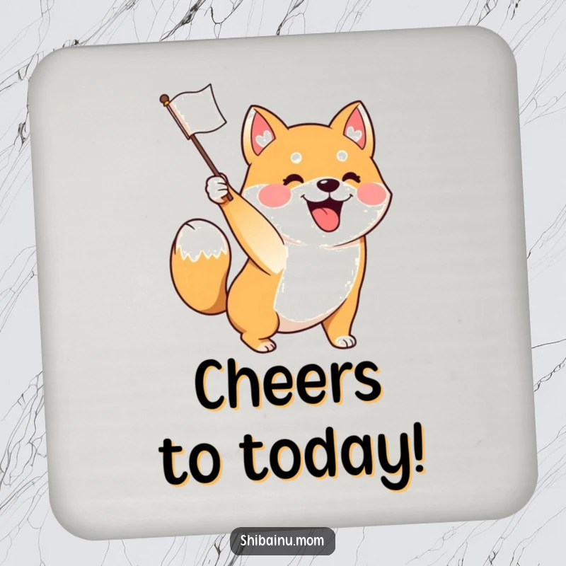 Funny drink coaster featuring an excited Shiba Inu dog waving a flag, tail wagging, providing surface protection with a splash of festive humor.