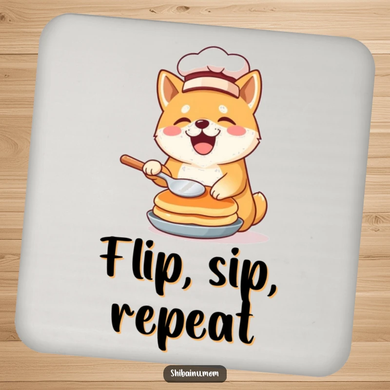 Funny Shiba Inu chef coasters featuring a tiny hat and a pancake in mid-flip, offering protection with a side of humor.