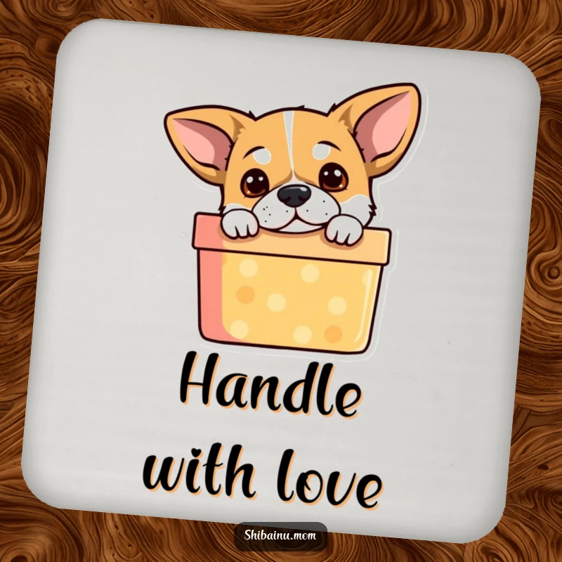 Funny Dog Coaster: A curious puppy peeking from a gift box, protecting your table with adorable charm.