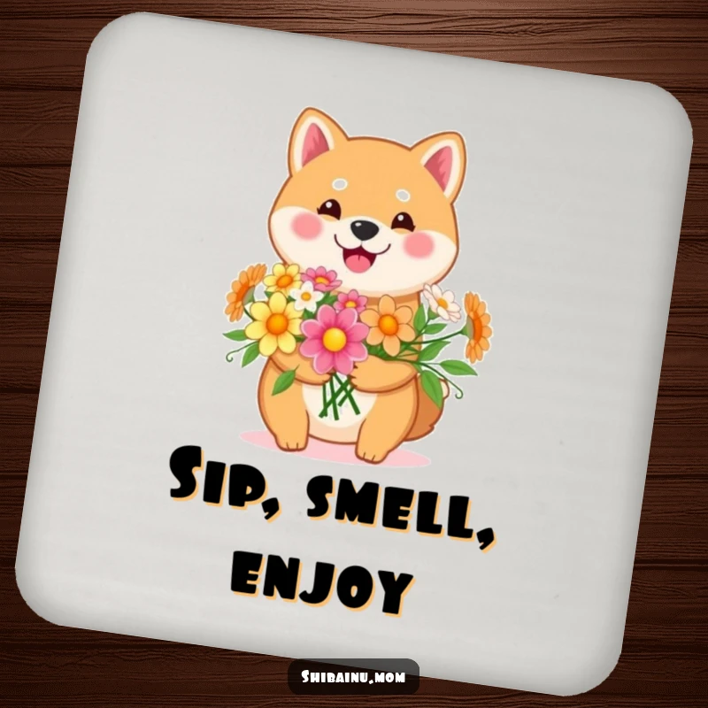 Funny Kawaii Shiba Inu coaster with a happy dog holding a bouquet of flowers. Protects surfaces with cute, floral artwork, a great funny gift.