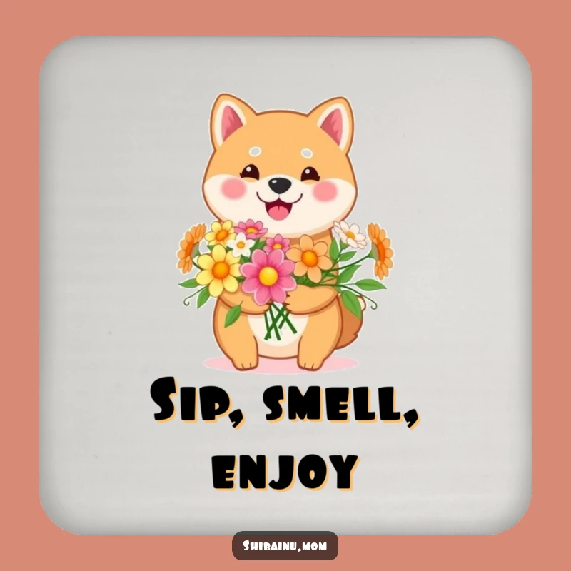 Funny Kawaii Shiba Inu Flower Coaster: Happy Pup with Bouquet for Tables!