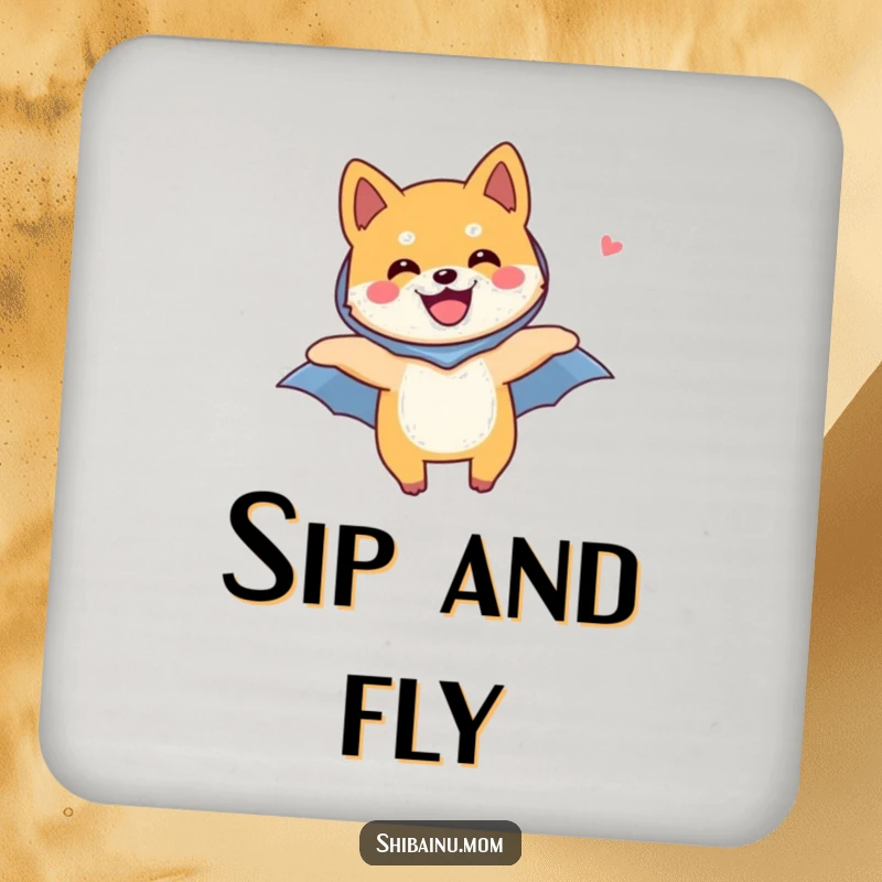 Funny Shiba Inu dog coaster art, showing a joyful Shiba Inu flying with a tiny cape, adding a touch of heroism.