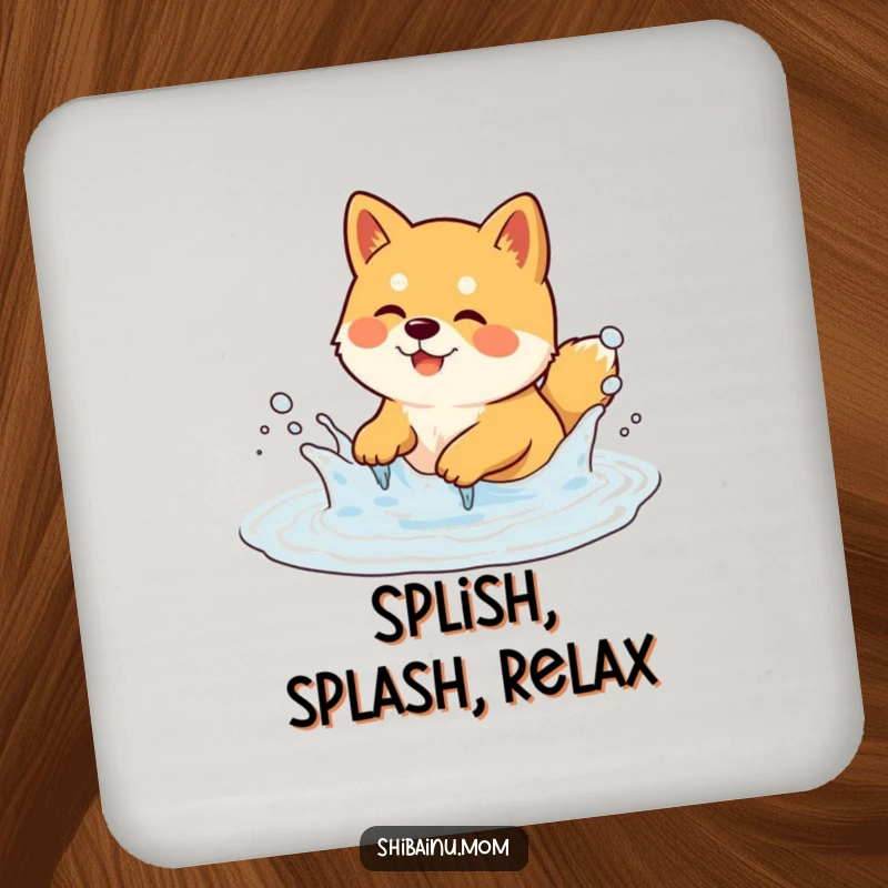 Funny Shiba Inu Coaster showing a dog playfully splashing in a bubbly puddle. Protects surfaces with humor, a funny gift.