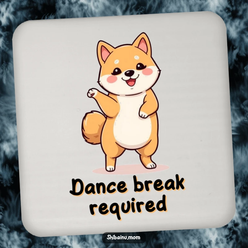 Funny drink coaster featuring a Shiba Inu dancing with one leg raised, providing a playful, humorous, and protective surface.