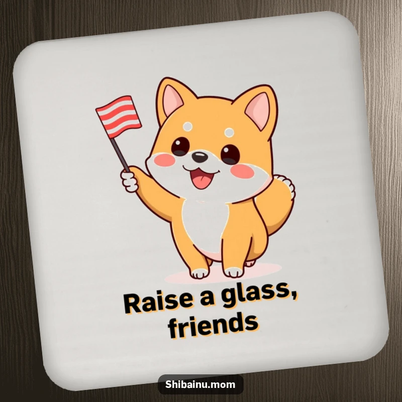 Funny Shiba Inu coaster, an enthusiastic dog waves a flag, adding spirited protection and a touch of celebration.