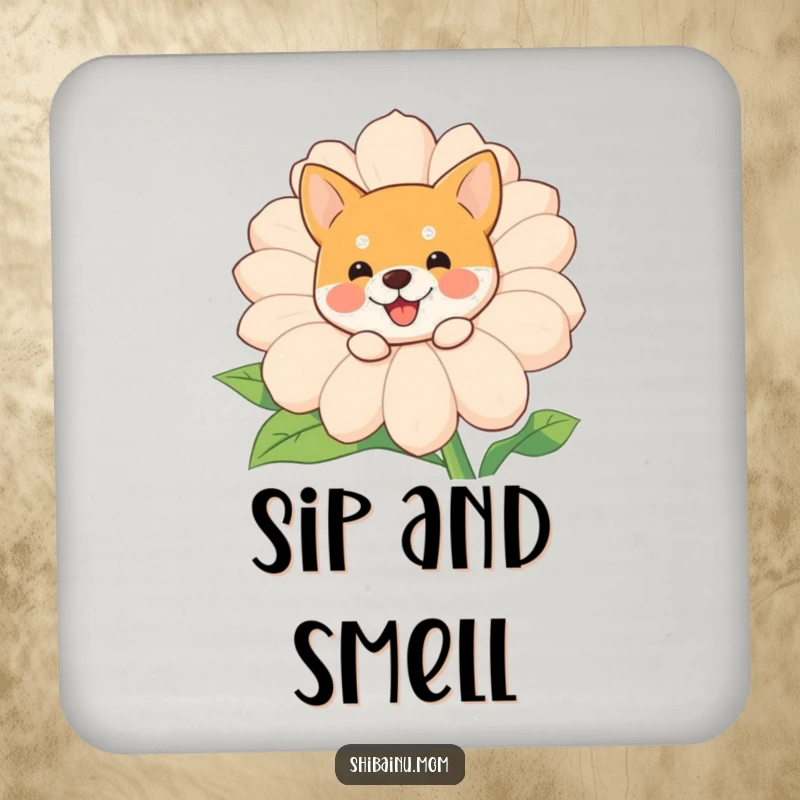 Funny Shiba Inu peeking coaster, a cute dog peeks from a large, happy flower, protects surfaces with humor.