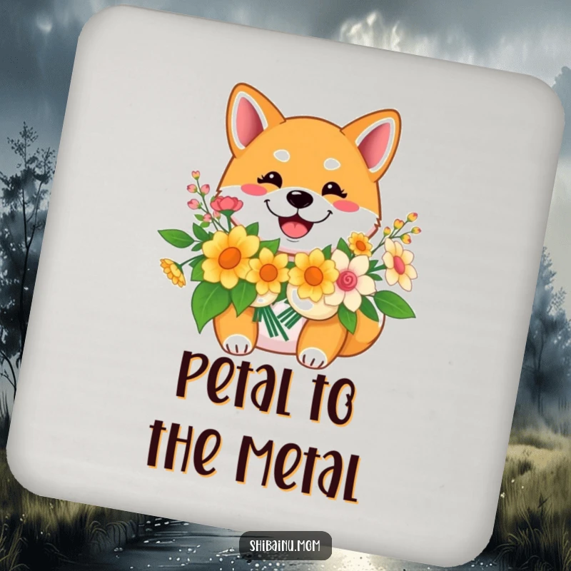 Funny Shiba Inu coaster, a smiling dog holds flowers, adding cheerful protection and a touch of joy.