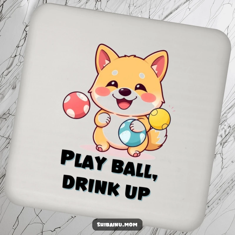 Funny Shiba Inu Coaster: A happy Shiba Inu juggles colorful balls, adding a touch of impressive skill to tabletops.