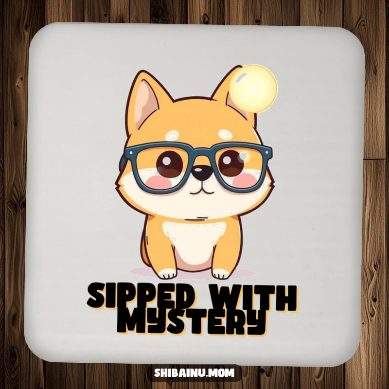 Funny Shiba Inu coaster, oversized glasses, curious gaze at a glowing orb, protects surfaces with humor, a perfect funny gift.