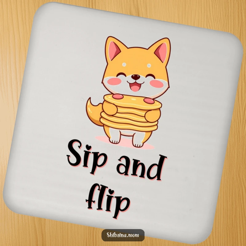 Funny Shiba Inu coasters featuring a smiling doggle holding a stack of pancakes, perfect for drink protection.