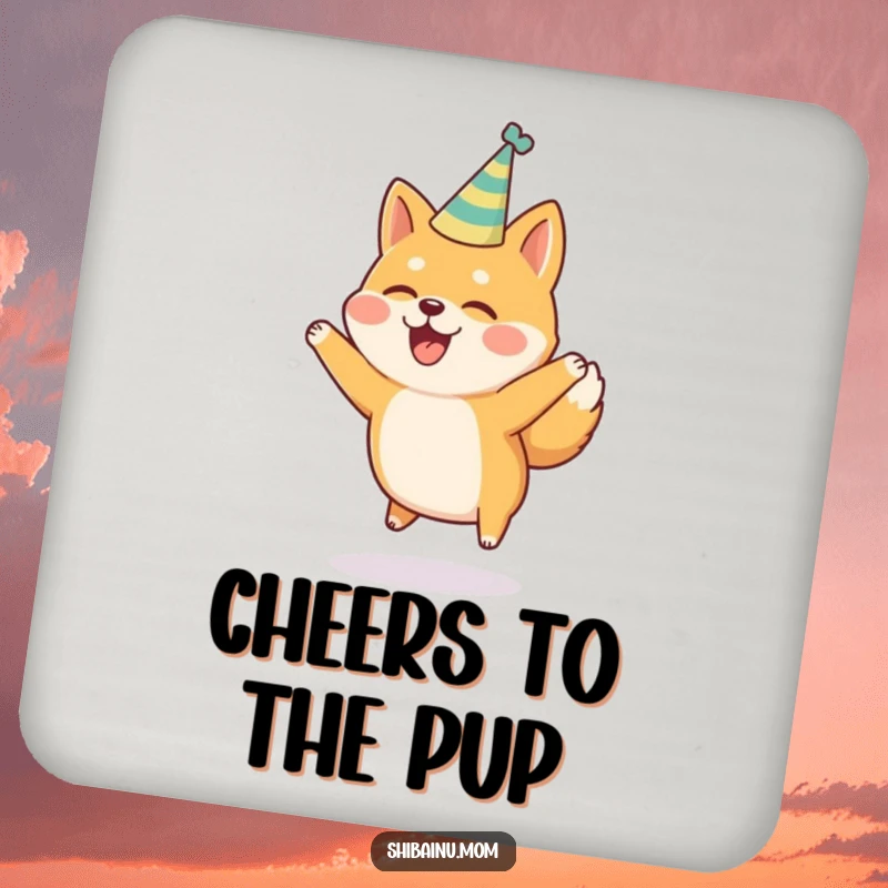 Funny Shiba Inu Coaster: A Shiba Inu in a party hat jumps joyfully, adding a festive touch to protect surfaces.