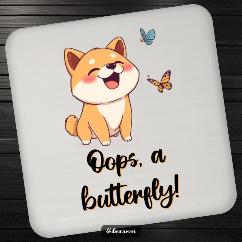 Funny drink coaster featuring a surprised Shiba Inu dog giggling at a falling butterfly, providing surface protection with a touch of whimsical humor.