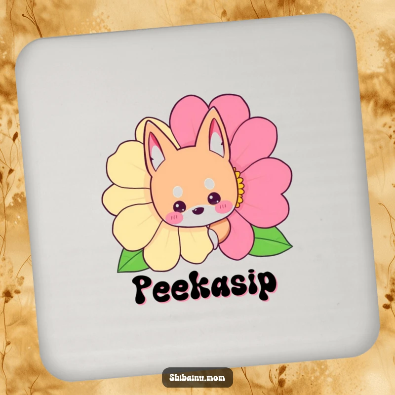 Funny Shibainu coaster featuring a dog peeking from behind a flower, adding charm and protection.