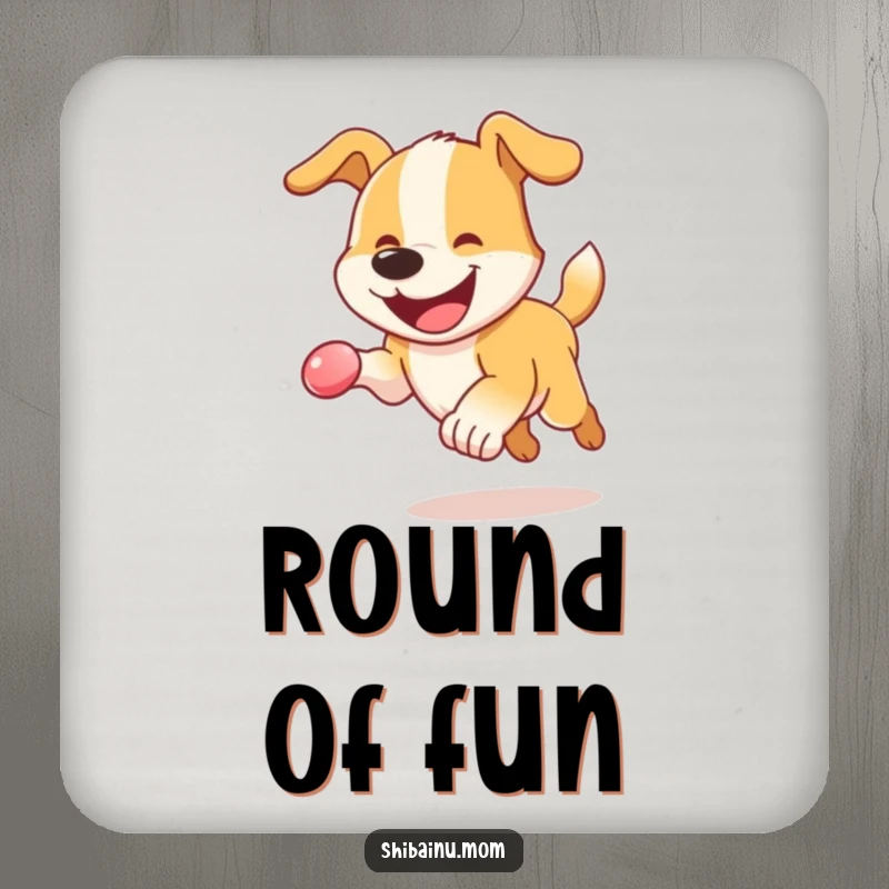 Funny Dog Coaster: An energetic dog with a happy grin chasing a bouncy sphere, protecting tables with style.