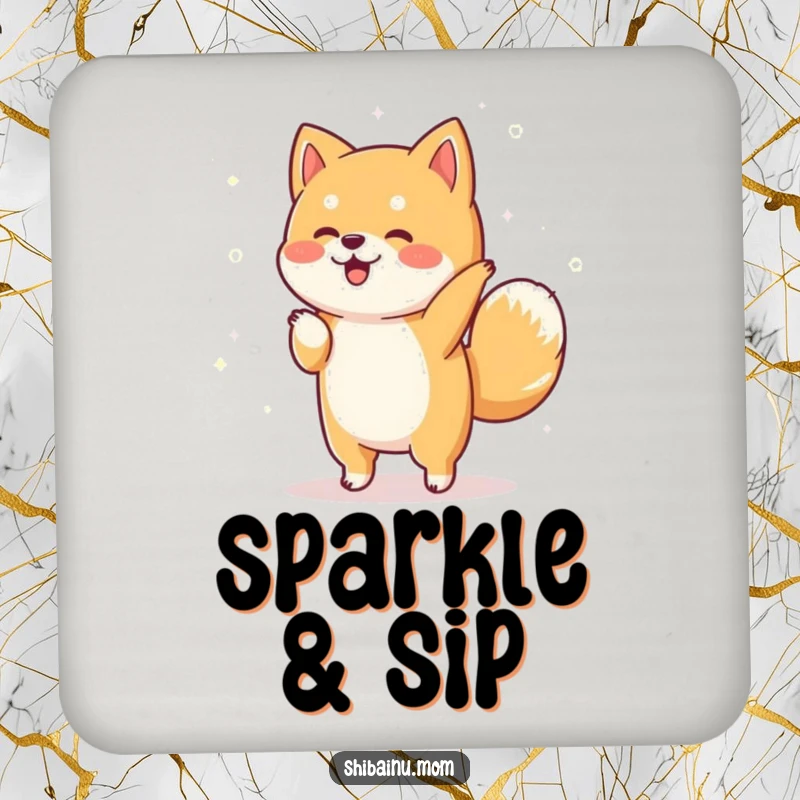 Funny Shiba Inu coaster illustrating a dog dancing with magical sparkles, protecting surfaces with whimsical charm.