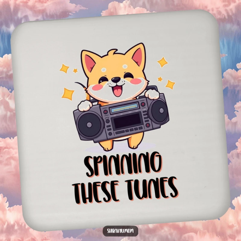 Funny drink coaster featuring an energetic Shiba Inu holding a boombox, providing a retro-inspired, humorous, and protective surface.