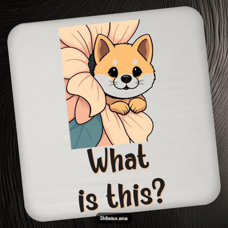 Funny Shiba Inu Coaster: A Shiba Inu curiously peeks from behind a giant flower, adding a whimsical touch to tabletops.