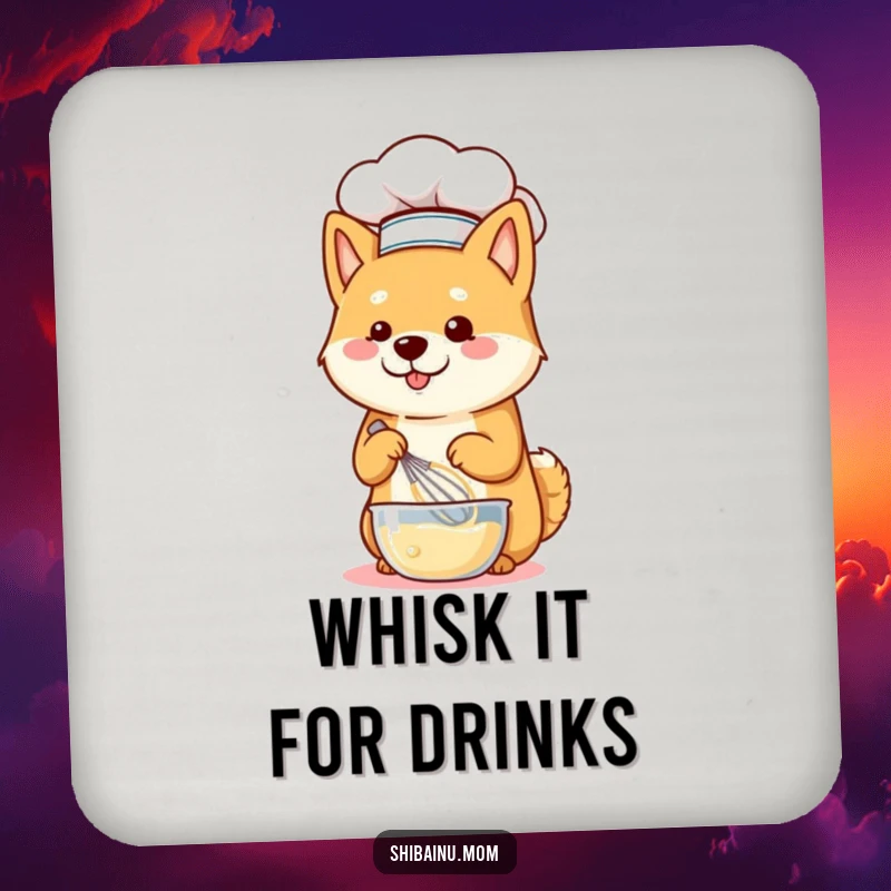 Funny Shiba Inu dog wearing a chef hat and whisking batter, placed on a drink coaster to protect a table surface.