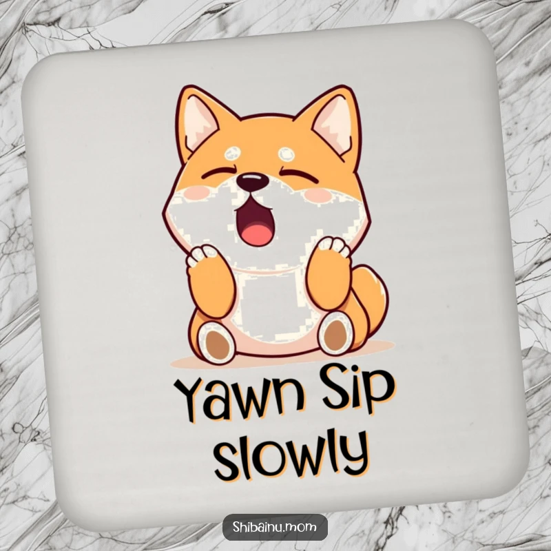 Funny Shiba Inu coaster design with a dog caught in a yawn and stretch, protecting your surfaces with sleepy charm.