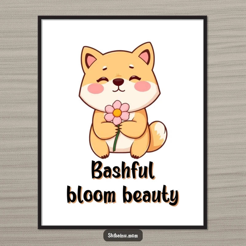 Funny Shiba Inu poster art of a bashful dog with rosy cheeks shyly offering a flower, conveying tender affection.