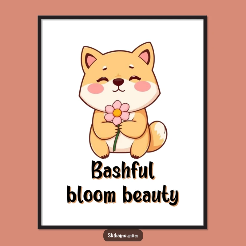 Funny Bashful Shiba Inu Poster - Shy Flower Giving Dog Art Print