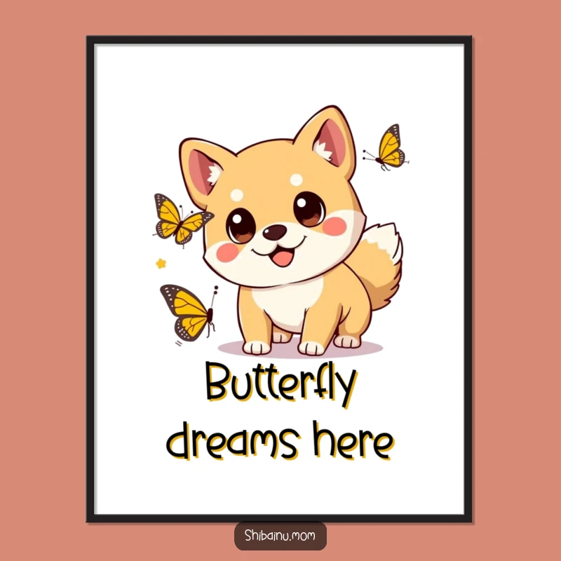 Kawaii Shiba Inu Butterfly Chase Poster - Cute Wall Art