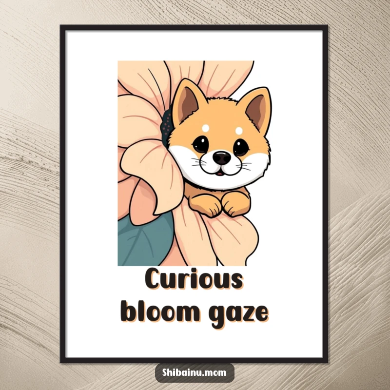 Funny Shiba Inu Poster: A curious Shiba Inu peeks from behind a giant, colorful flower in a delightful, whimsical illustration.