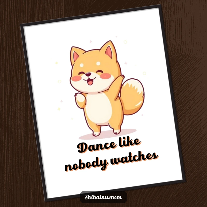 Funny Shiba Inu poster illustrating a dog doing a happy dance, surrounded by shimmering sparkles, creating a magical and joyous scene.