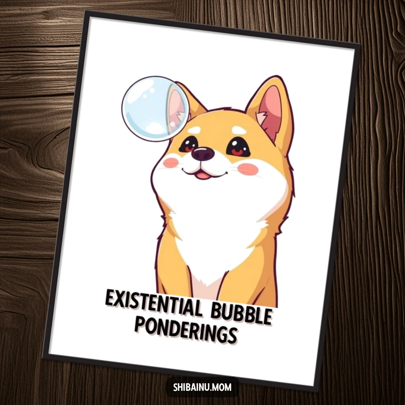 Funny Shiba Inu poster, a curious dog stares up at a floating bubble, capturing cheerful wonder and a moment of delightful discovery.