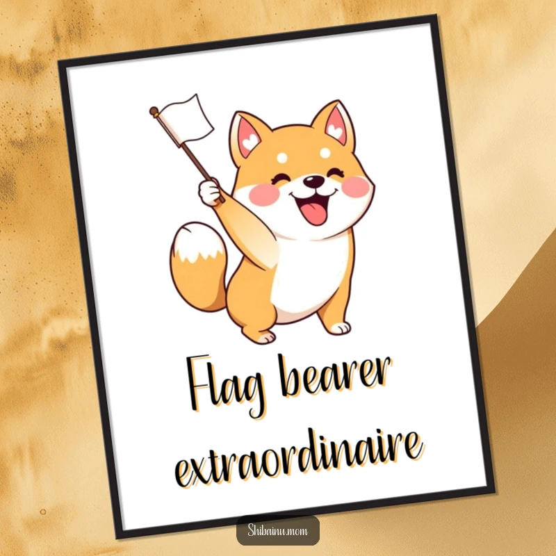 Funny poster art of an excited Shiba Inu dog waving a tiny flag, tail wagging furiously, embodying pure joy and festive spirit.