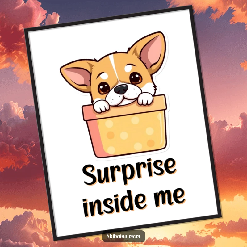 Funny Dog Poster: A charming puppy with wide, alert ears peeking curiously from a brightly colored gift box, creating a whimsical scene.