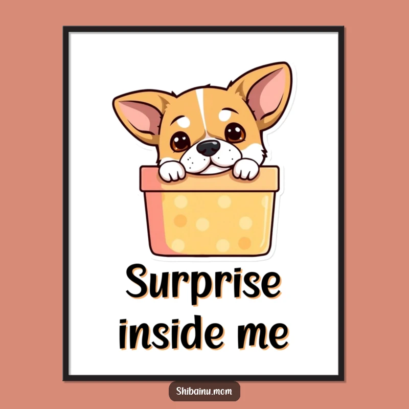 Funny Dog Poster: Curious Pup Peeking from Gift Box, Whimsical Wall Art