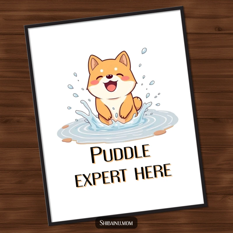 Funny poster art of a Shiba Inu dog joyfully splashing in a puddle, water droplets flying, conveying exuberant happiness and playful energy.
