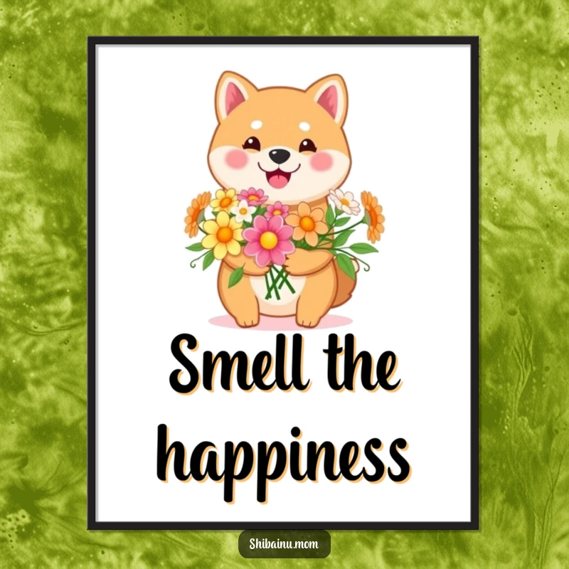 Funny Kawaii Shiba Inu poster featuring a happy dog holding a bouquet of cheerful flowers. A beautiful and heartwarming piece for a funny gift.