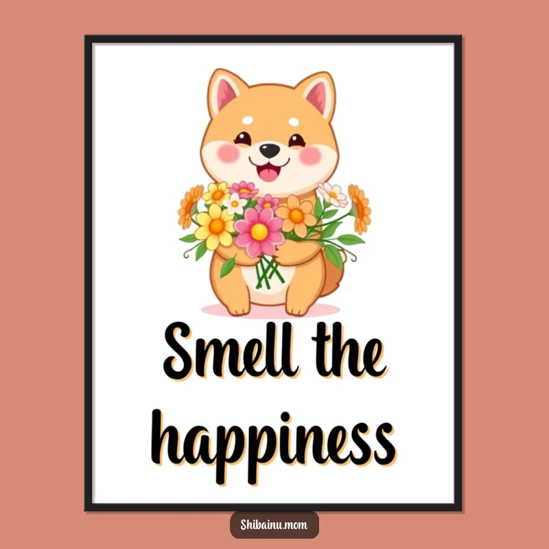 Funny Kawaii Shiba Inu Flower Poster: Happy Pup with Bouquet for Decor!