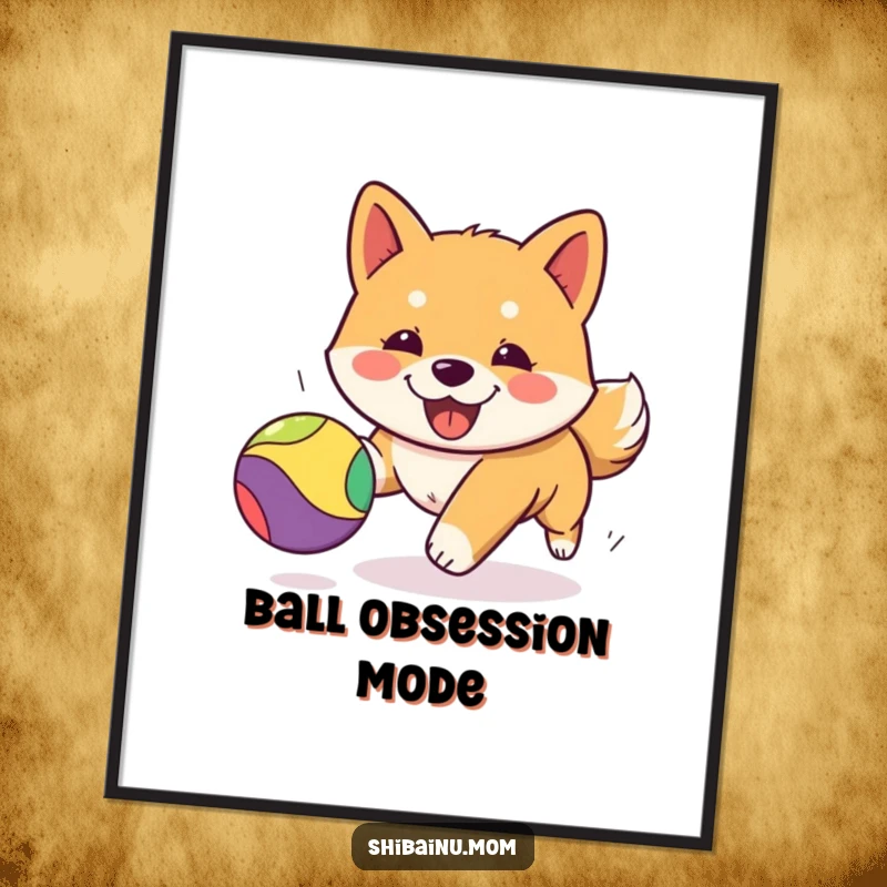 Funny Kawaii Shiba Inu poster artwork of a cheerful puppy enthusiastically chasing a vibrant bouncing ball, adding fun to any wall.