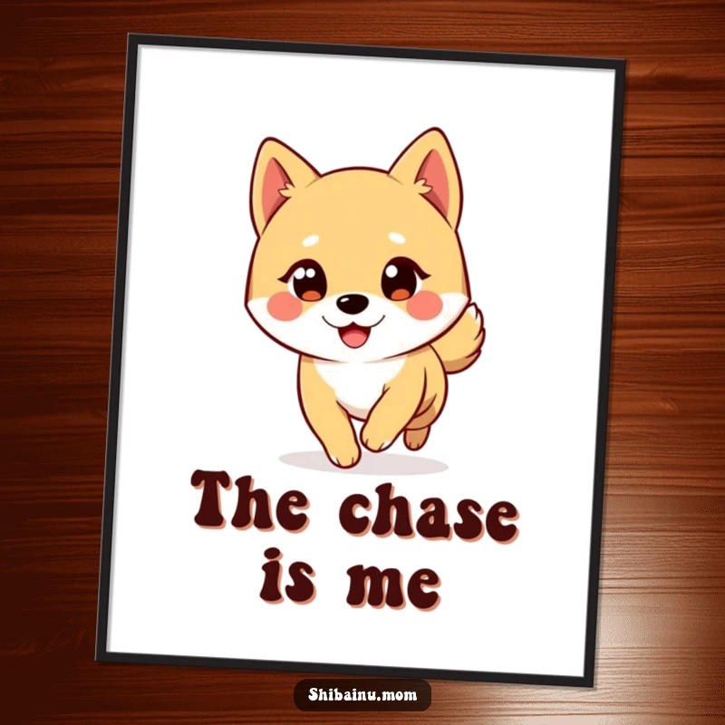 Funny Shiba Inu Poster: A big-eyed Shiba Inu winks as it amusingly chases its tail in a delightful, humorous illustration.